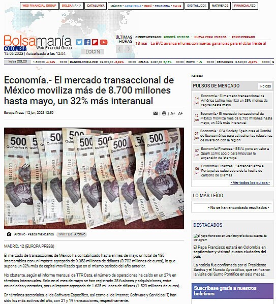 Economa.- El mercado transaccional de Mxico moviliza ms de 8.700 millones hasta mayo, un 32% ms interanual
